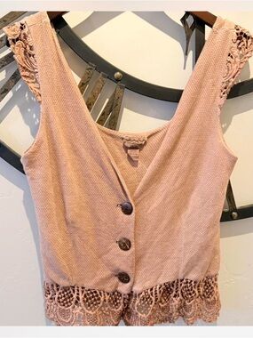 BKE Peach Knit Tank with Crochet Trim and button detail